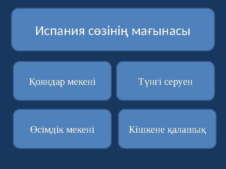 Испания сөзінің мағынасы Қояндар мекені Өсімдік мекені Кішкене қалашық Түнгі серуен