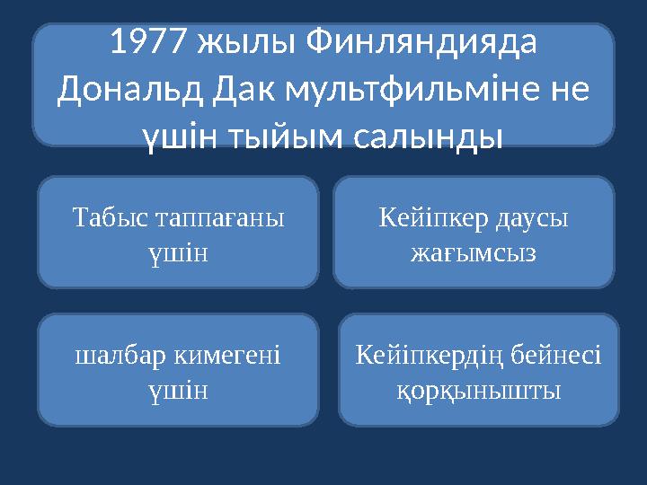 1977 жылы Финляндияда Дональд Дак мультфильміне не үшін тыйым салынды Табыс таппағаны үшін шалбар кимегені үшін Кейіпкердің