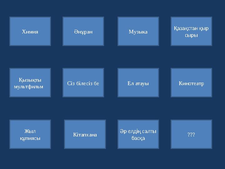 Химия Қызықты мультфильм Жыл құпиясы МузыкаӘнұран Қазақстан қыр сыры Әр елдің салты басқа Ел атауы Кітапхана Сіз білесіз бе