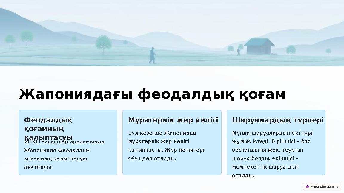 Жапониядағы феодалдық қоғам Феодалдық қоғамның қалыптасуы ХI–ХIII ғасырлар аралығында Жапонияда феодалдық қоғамның қалыптас Жапониядағы феодалдық қоғам Феодалдық қоғамның қалыптасуы ХI–ХIII ғасырлар аралығында Жапонияда феодалдық қоғамның қалыптас