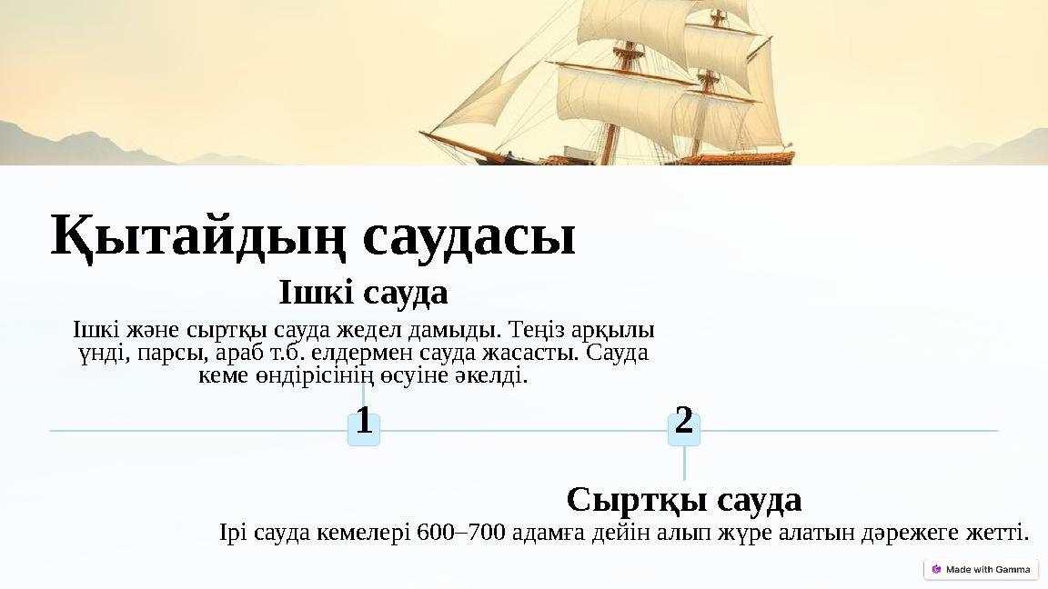 Қытайдың саудасы 1 Ішкі сауда Ішкі және сыртқы сауда жедел дамыды. Теңіз арқылы үнді, парсы, араб т.б. елдермен сауда жасасты. Қытайдың саудасы 1 Ішкі сауда Ішкі және сыртқы сауда жедел дамыды. Теңіз арқылы үнді, парсы, араб т.б. елдермен сауда жасасты.
