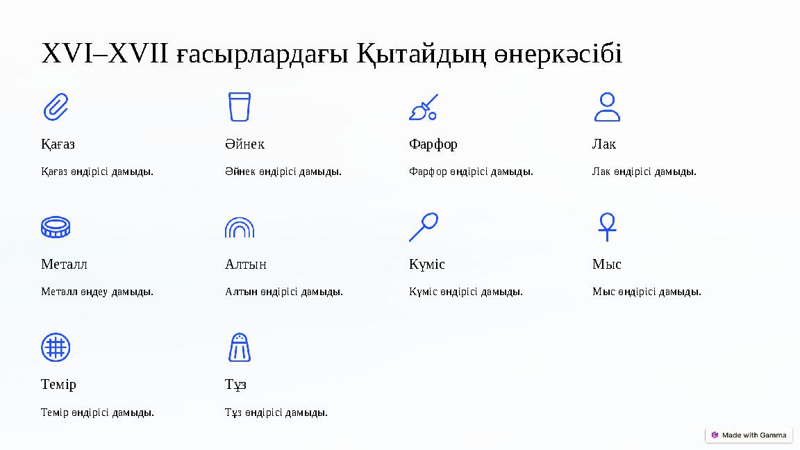 ХVІ–ХVІІ ғасырлардағы Қытайдың өнеркәсібі Қағаз Қағаз өндірісі дамыды. Әйнек Әйнек өндірісі дамыды. Фарфор Фарфор өндірісі дамы ХVІ–ХVІІ ғасырлардағы Қытайдың өнеркәсібі Қағаз Қағаз өндірісі дамыды. Әйнек Әйнек өндірісі дамыды. Фарфор Фарфор өндірісі дамы