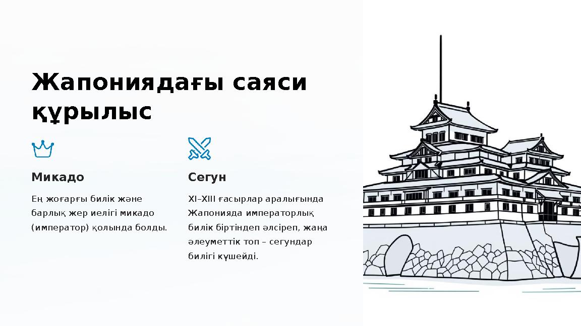 Жапониядағы саяси құрылыс Микадо Ең жоғарғы билiк және барлық жер иелiгi микадо (император) қолында болды. Сегун ХI–ХIII ғас Жапониядағы саяси құрылыс Микадо Ең жоғарғы билiк және барлық жер иелiгi микадо (император) қолында болды. Сегун ХI–ХIII ғас