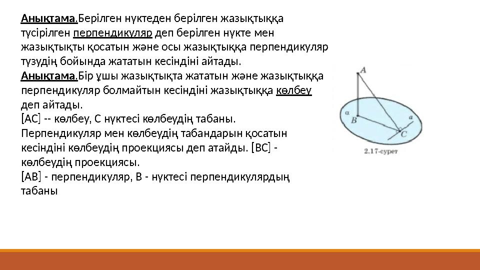 Анықтама.Берілген нүктеден берілген жазықтыққа түсірілген перпендикуляр деп берілген нүкте мен жазықтықты қосатын және осы жаз