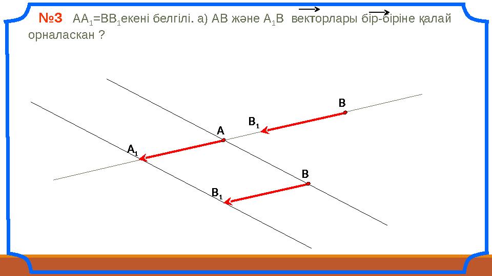 №3 АА 1 =ВВ 1 екені белгілі. а) АВ және А 1 В векторлары бір-біріне қалай орналаскан ? А А 1 В В 1 В В 1 А А 1