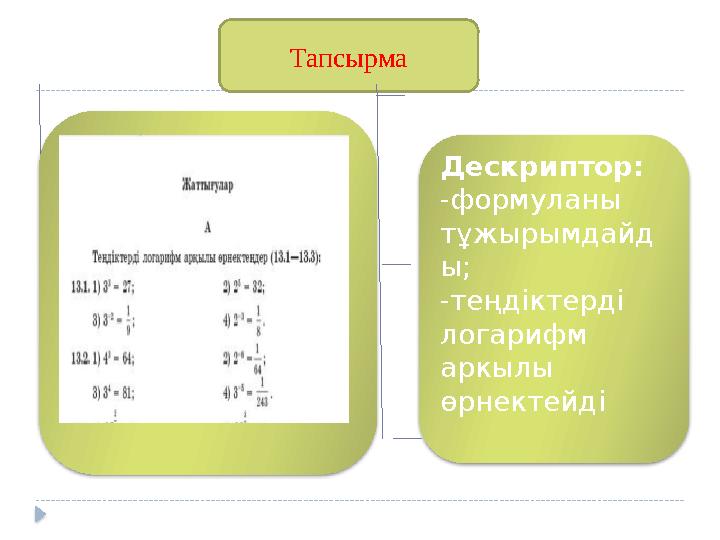 Тапсырма Дескриптор: -формуланы тұжырымдайд ы; -теңдіктерді логарифм аркылы өрнектейді