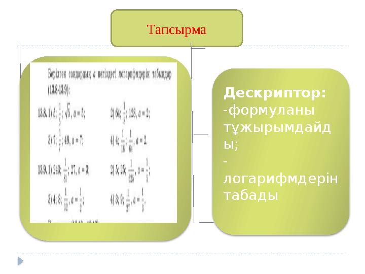 Тапсырма Дескриптор: -формуланы тұжырымдайд ы; - логарифмдерін табады
