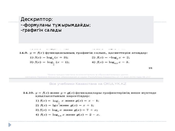 Дескриптор: --формуланы тұжырымдайды; -графигін салады