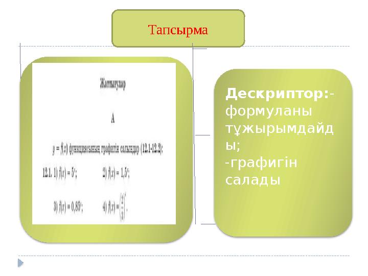 Тапсырма Дескриптор:- формуланы тұжырымдайд ы; -графигін салады