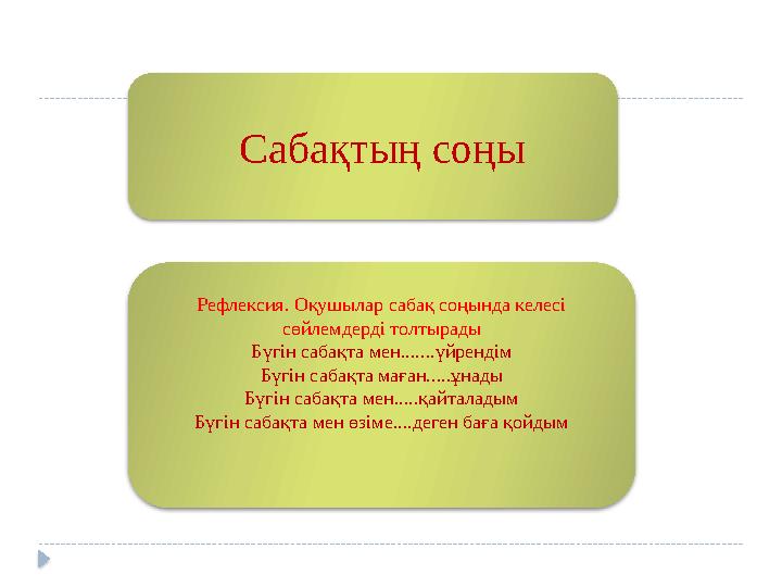 Сабақтың соңы Рефлексия. Оқушылар сабақ соңында келесі сөйлемдерді толтырады Бүгін сабақта мен.......үйрендім Бүгін сабақ