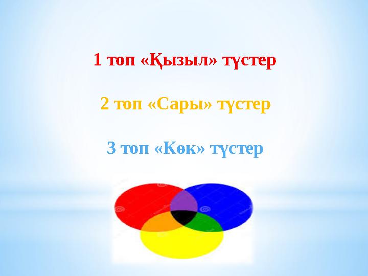 1 топ «Қызыл» түстер 2 топ «Сары» түстер 3 топ «Көк» түстер