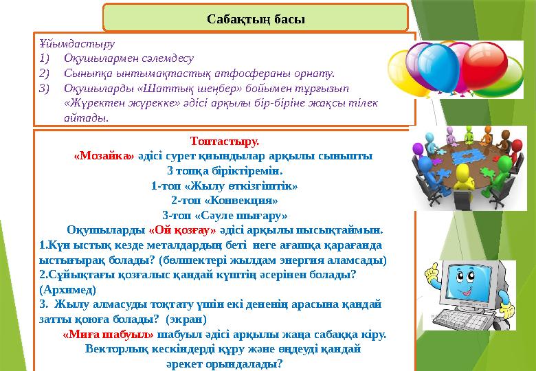 Сабақтың басы Ұйымдастыру 1)Оқушылармен сәлемдесу 2)Сыныпқа ынтымақтастық атфосфераны орнату. 3)Оқушыларды «Шатт