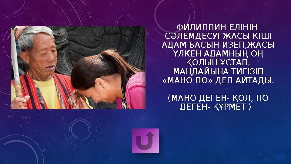 ФИЛИППИН ЕЛІНІҢ СӘЛЕМДЕСУІ ЖАСЫ КІШІ АДАМ БАСЫН ИЗЕП,ЖАСЫ ҮЛКЕН АДАМНЫҢ ОҢ ҚОЛЫН ҰСТАП, МАҢДАЙЫНА ТИГІЗІП «МАНО ПО» ДЕП