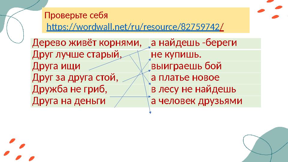 Дерево живёт корнями, а найдешь -береги Друг лучше старый, не купишь. Друга ищи выиграешь бой Друг за друга стой,а платье ново