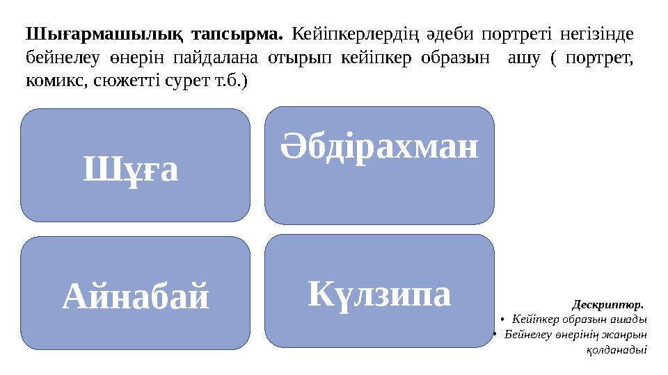 Шығармашылық тапсырма. Кейіпкерлердің әдеби портреті негізінде бейнелеу өнерін пайдалана отырып кейіпкер образын ашу ( портрет