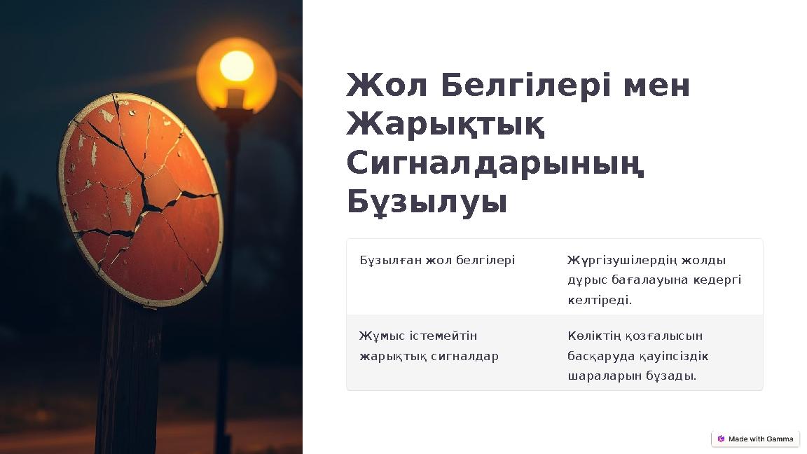 Жол Белгілері мен Жарықтық Сигналдарының Бұзылуы Бұзылған жол белгілері Жүргізушілердің жолды дұрыс бағалауына кедергі ке