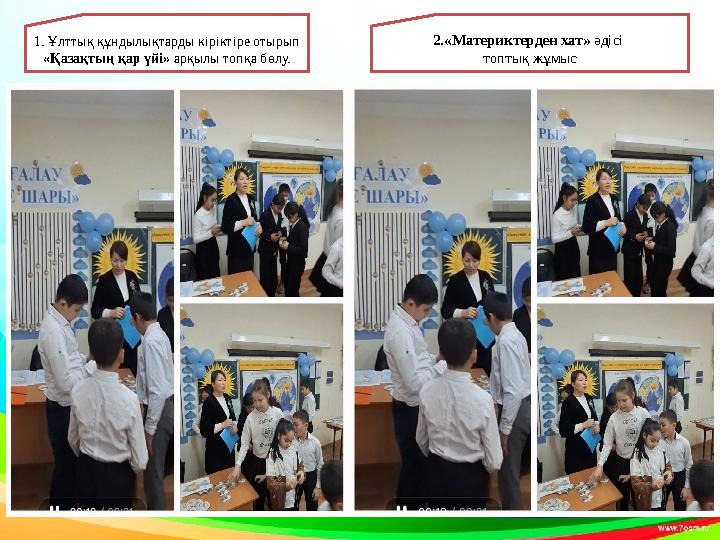 1. Ұлттық құндылықтарды кіріктіре отырып «Қазақтың қар үйі» арқылы топқа бөлу. 2.«Материктерден хат» әдісі топтық жұмыс