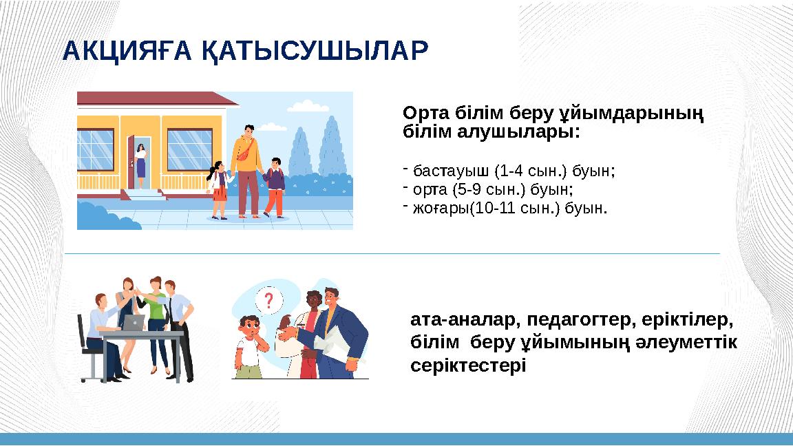 АКЦИЯҒА ҚАТЫСУШЫЛАР - бастауыш (1-4 сын.) буын; - орта (5-9 сын.) буын; - жоғары(10-11 сын.) буын. ата-аналар, педагогтер, ерікт