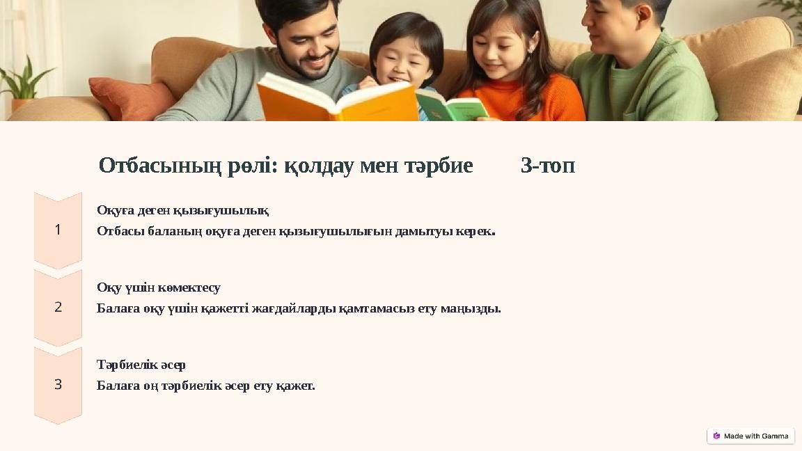 Отбасының рөлі: қолдау мен тәрбие 3-топ Оқуға деген қызығушылық Отбасы баланың оқуға деген қызығушылығын дамыт