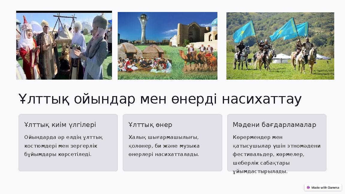 Ұлттық ойындар мен өнерді насихаттау Ұлттық киім үлгілері Ойындарда әр елдің ұлттық костюмдері мен зергерлік бұйымдары көрсет