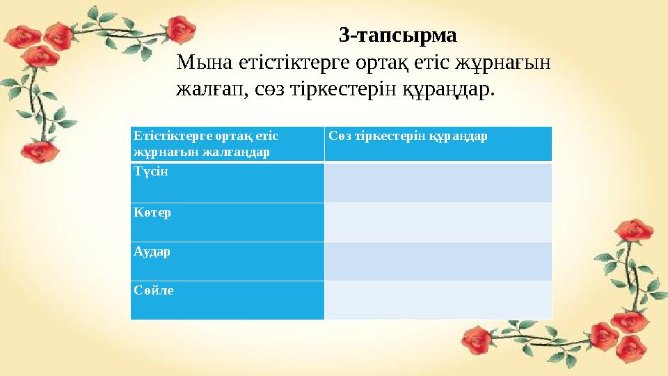 3-тапсырма Мына етістіктерге ортақ етіс жұрнағын жалғап, сөз тіркестерін құраңдар. Е