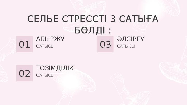 САТЫСЫ03 ӘЛСІРЕУ СЕЛЬЕ СТРЕССТІ 3 САТЫҒА БӨЛДІ : САТЫСЫ01 АБЫРЖУ САТЫСЫ02 ТӨЗІМДІЛІК