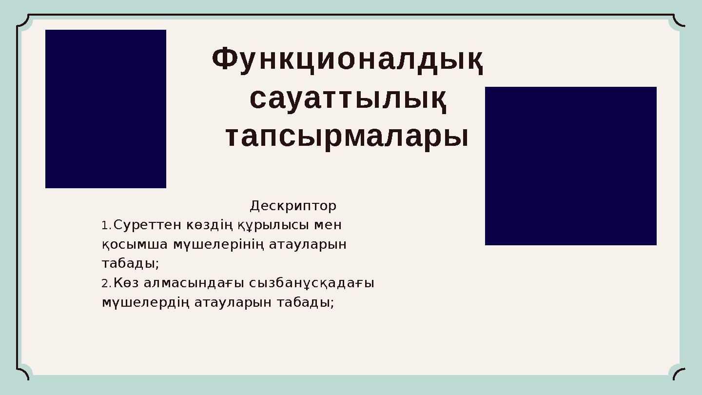 Функционалдық сауаттылық тапсырмалары Дескриптор 1.Суреттен көздің құрылысы мен қосымша мүшелерінің атауларын табады; 2.Көз а