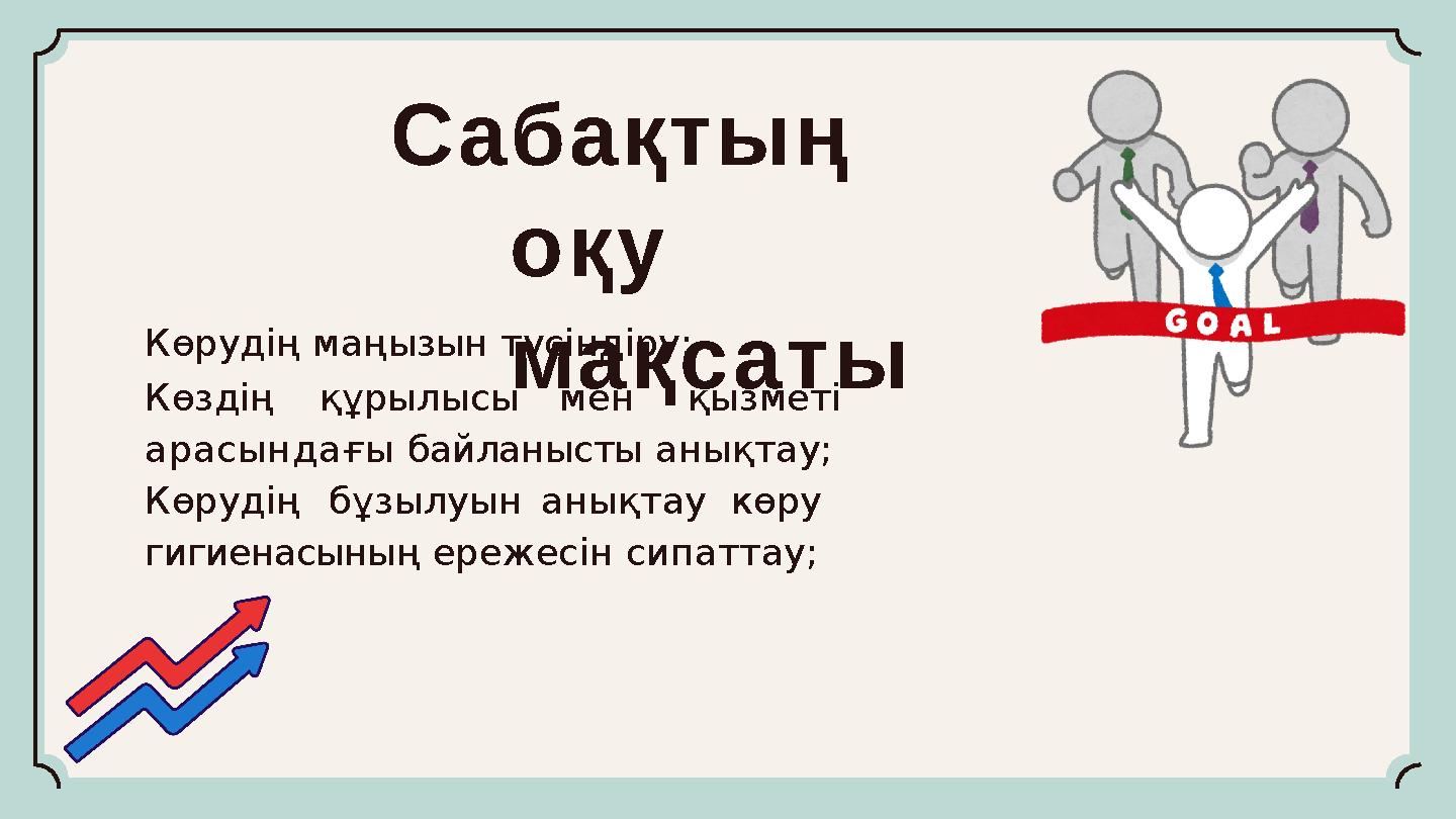 Сабақтың оқу мақсаты Көрудің маңызын түсіндіру; Көздіңқұрылысы менқызметі арасындағы байланысты анықтау; Көрудіңбұзылуынанықта