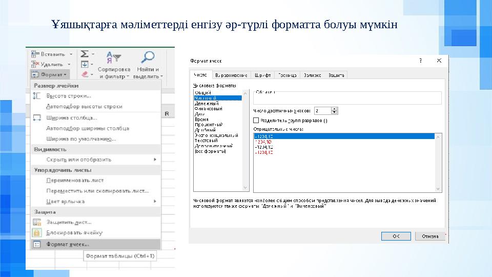 Ұяшықтарға мәліметтерді енгізу әр-түрлі форматта болуы мүмкін