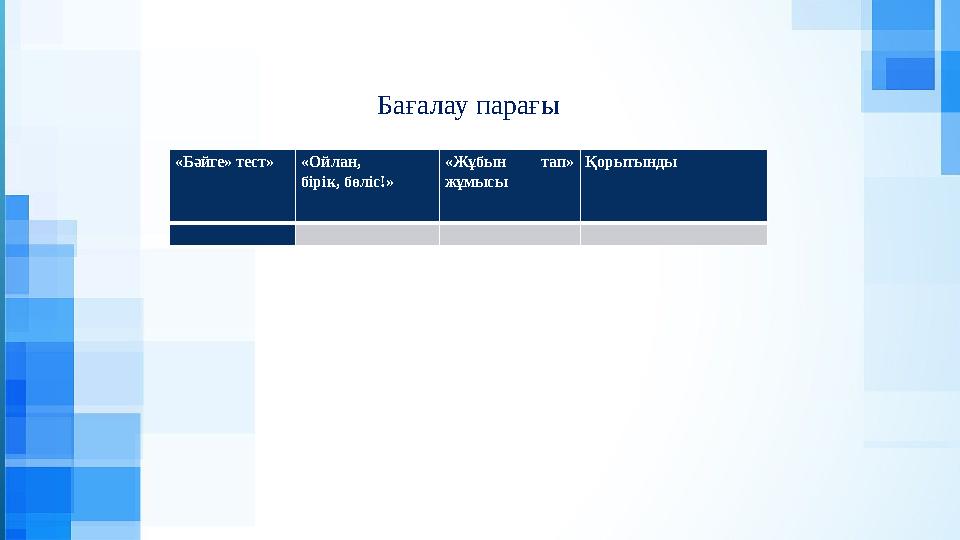 «Бәйге» тест» «Ойлан, бірік, бөліс!» «Жұбын тап» жұмысы Қорытынды Бағалау парағы