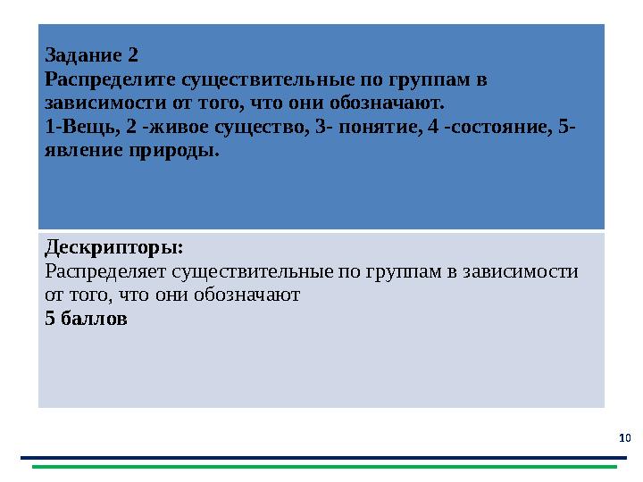 10 Рефлексия Задание 2 Распределите существительные по группам в зависимости от того, что они обозначают. 1-Вещь, 2 -живое су