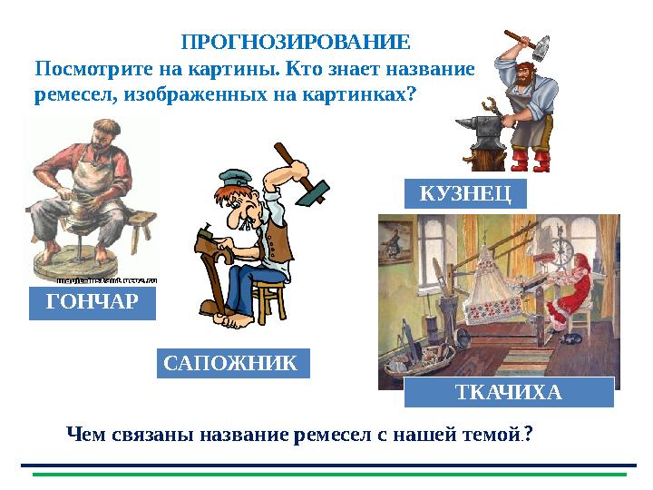 ПРОГНОЗИРОВАНИЕ Посмотрите на картины. Кто знает название ремесел, изображенных на картинках? ГОНЧАР КУЗНЕЦ САПОЖНИК ТКАЧИХА Ч