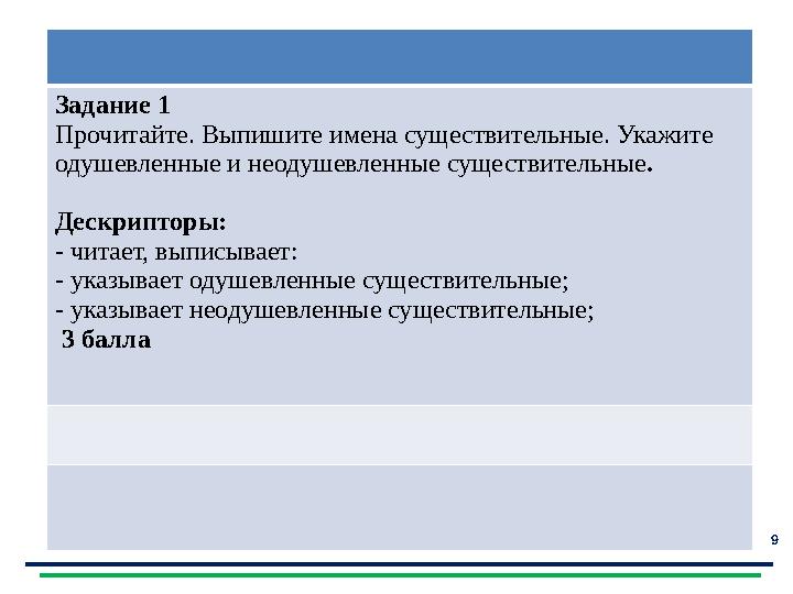 9 Рефлексия Задание 1 Прочитайте. Выпишите имена существительные. Укажите одушевленные и неодушевленные существительные. Д