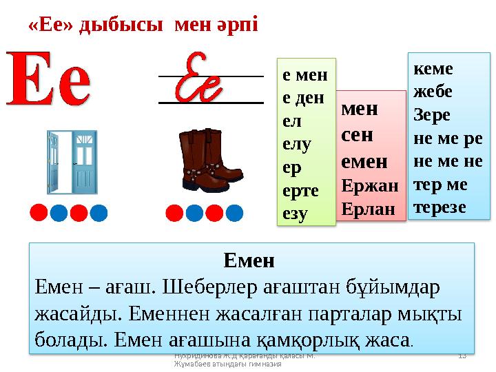 Нухридинова Ж.Д Қарағанды қаласы М. Жұмабаев атындағы гимназия 13 Емен Емен – ағаш. Шеберлер ағаштан бұйымдар жасайды. Еменне