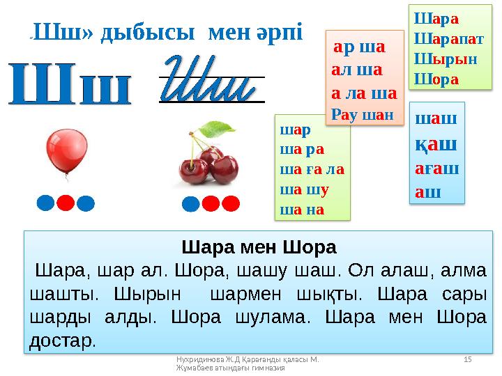 Нухридинова Ж.Д Қарағанды қаласы М. Жұмабаев атындағы гимназия 15 «Шш» дыбысы мен әрпі шар ша ра ша ға ла ша шу ша на шаш