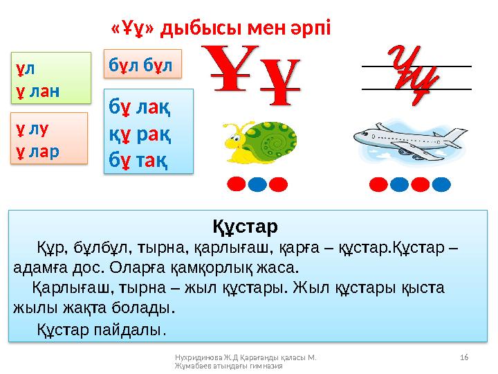 Нухридинова Ж.Д Қарағанды қаласы М. Жұмабаев атындағы гимназия 16 Құстар Құр, бұлбұл, тырна, қарлығаш, қарға – құстар.Құс
