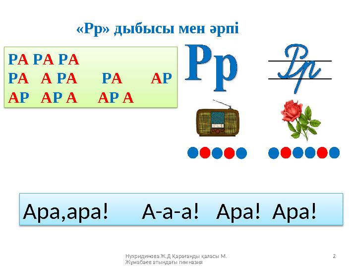 Нухридинова Ж.Д Қарағанды қаласы М. Жұмабаев атындағы гимназия 2 РА РА РА РА А РА РА АР АР АР А АР А «Рр» дыбы