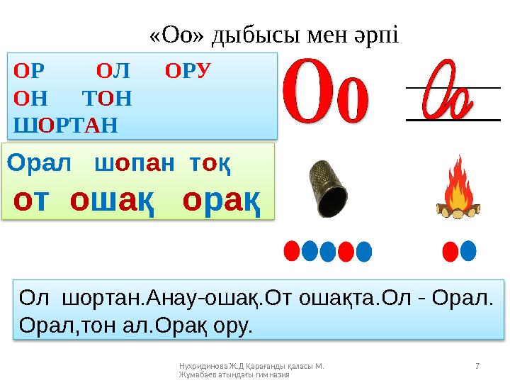 Нухридинова Ж.Д Қарағанды қаласы М. Жұмабаев атындағы гимназия 7 «Оо» дыбысы мен әрпі Ол шортан.Анау-ошақ.От ошақта.Ол - Орал.