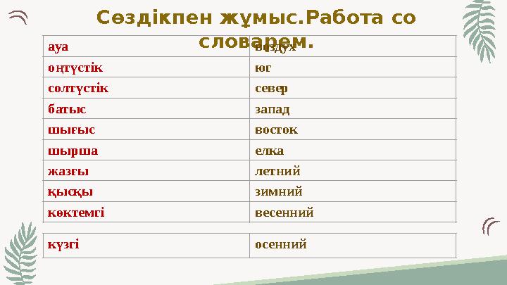 Сөздікпен жұмыс.Работа со словарем.ауа воздух оңтүстік юг солтүстік север батыс запад шығыс восток шырша елка жазғы летний қыс
