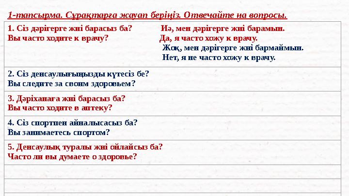 1-тапсырма. Сұрақтарға жауап беріңіз. Отвечайте на вопросы. 1. Сіз дәрігерге жиі барасыз ба? Иә, мен дәрігерге жиі б