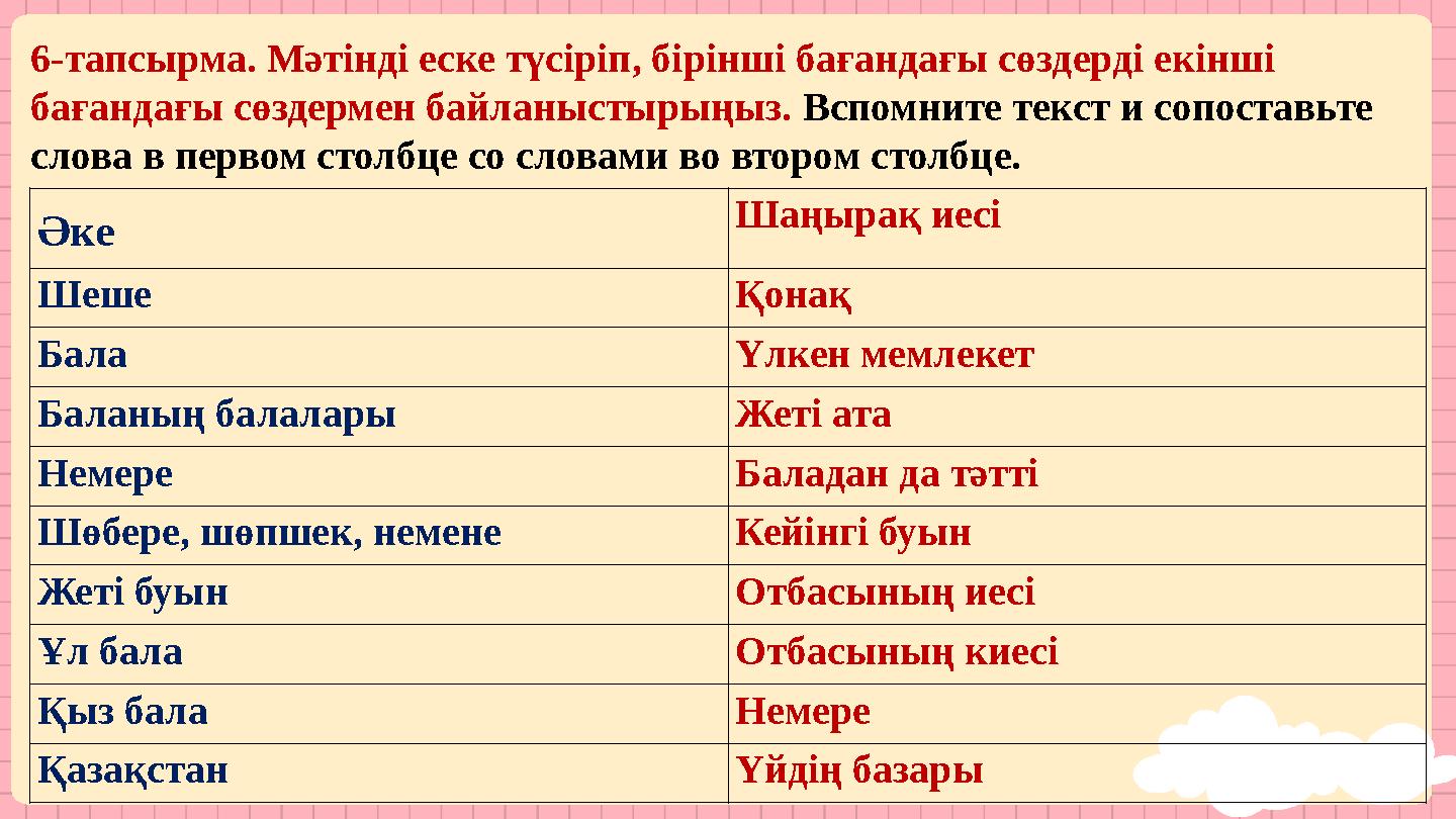 6-тапсырма. Мәтінді еске түсіріп, бірінші бағандағы сөздерді екінші бағандағы сөздермен байланыстырыңыз. Вспомните текст и сопо