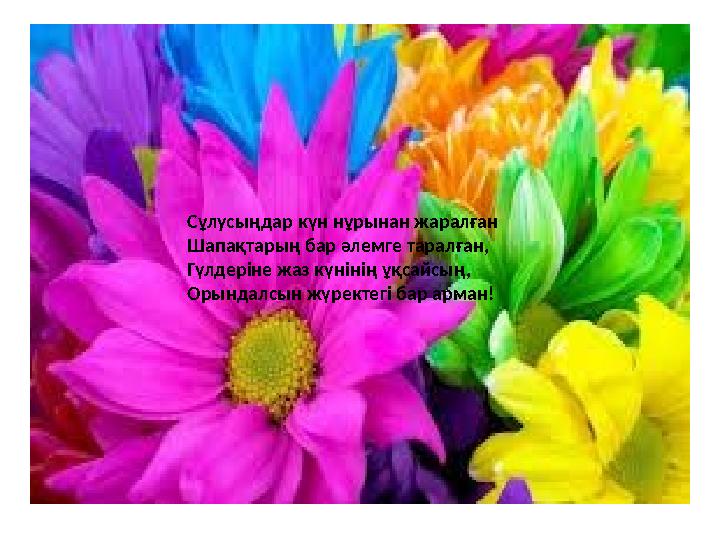 Сұлусыңдар күн нұрынан жаралған Шапақтарың бар әлемге таралған, Гүлдеріне жаз күнінің ұқсайсың, Орындалсын жүректегі бар арман!