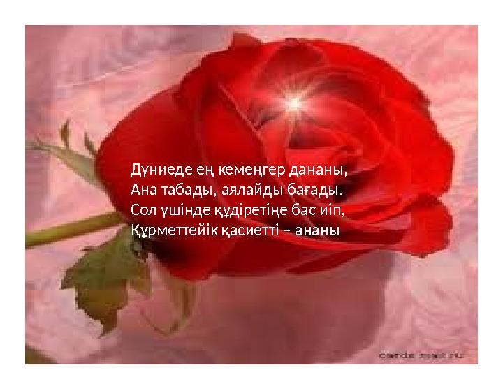 Дүниеде ең кемеңгер дананы, Ана табады, аялайды бағады. Сол үшінде құдіретіңе бас иіп, Құрметтейік қасиетті – ананы