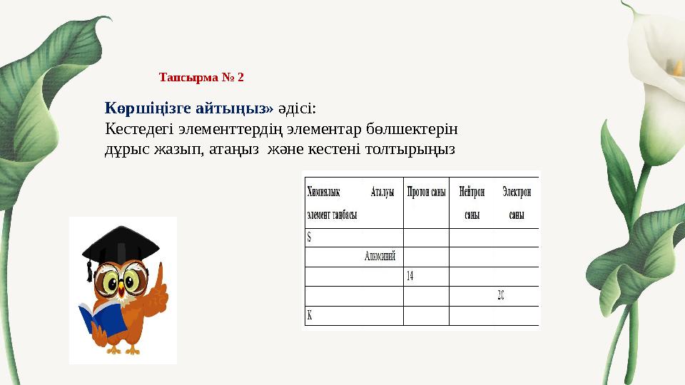 Тапсырма № 2 Көршіңізге айтыңыз» әдісі: Кестедегі элементтердің элементар бөлшектерін дұрыс жазып, атаңыз және кестені тол Тапсырма № 2 Көршіңізге айтыңыз» әдісі: Кестедегі элементтердің элементар бөлшектерін дұрыс жазып, атаңыз және кестені тол