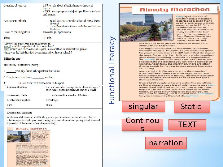singular Static Continou s TEXT narration F u n c t i o n a l l i t e r a c y