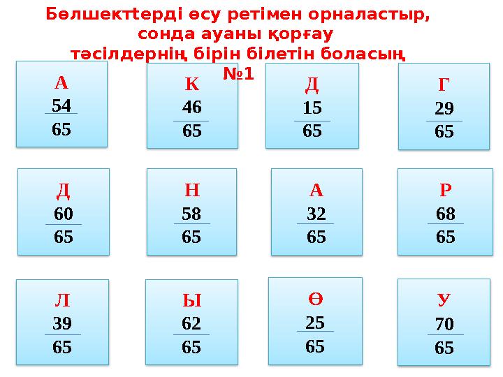 А 54 65 К 46 65 Д 15 65 Г 29 65 Д 60 65 Н 58 65 А 32 65 Р 68 65 Л 39 65 Ы 62 65 Ө 25 65 У 70 65 Бөлшектtерді өсу рет