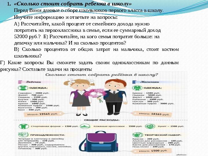 1. «Сколько стоит собрать ребенка в школу» Перед Вами данные о сборе школьников первого класса в школу. Изучите информацию и