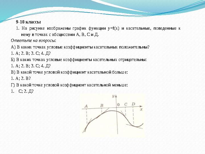 9-10 классы 1. На рисунке изображены график функции y=f(x) и касательные, поведенные к нему в точках с абсциссами А, В, С и Д.