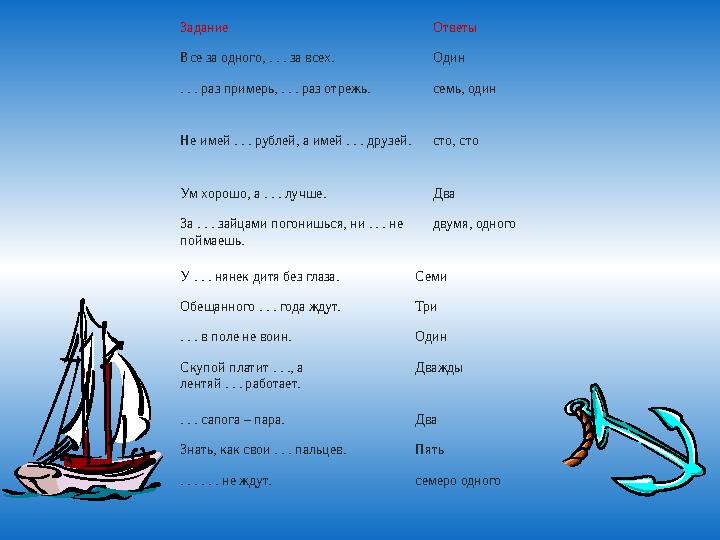 Задание Ответы Все за одного, . . . за всех. Один . . . раз примерь, . . . раз отрежь.семь, один Не имей . . . рублей, а имей .