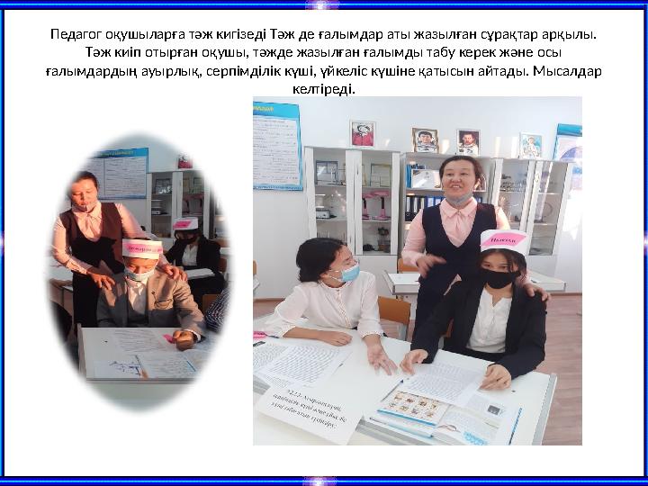 Педагог оқушыларға тәж кигізеді Тәж де ғалымдар аты жазылған сұрақтар арқылы. Тәж киіп отырған оқушы, тәжде жазылған ғалымды та